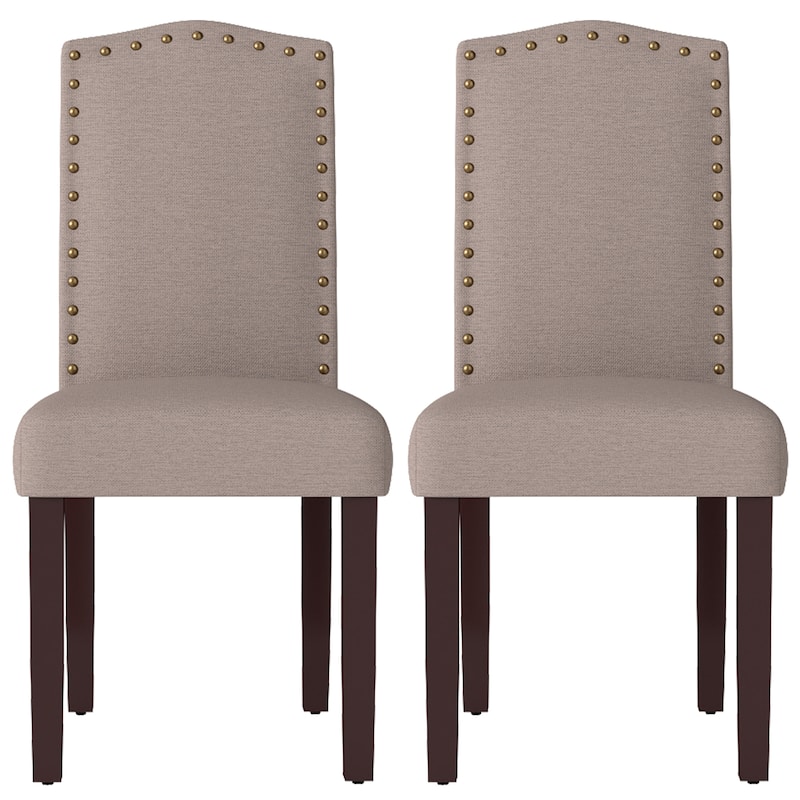 Fabric Upholstered Nailhead Trim Parson Dining Chairs Set of 2 - Grey Brown-2-Piece