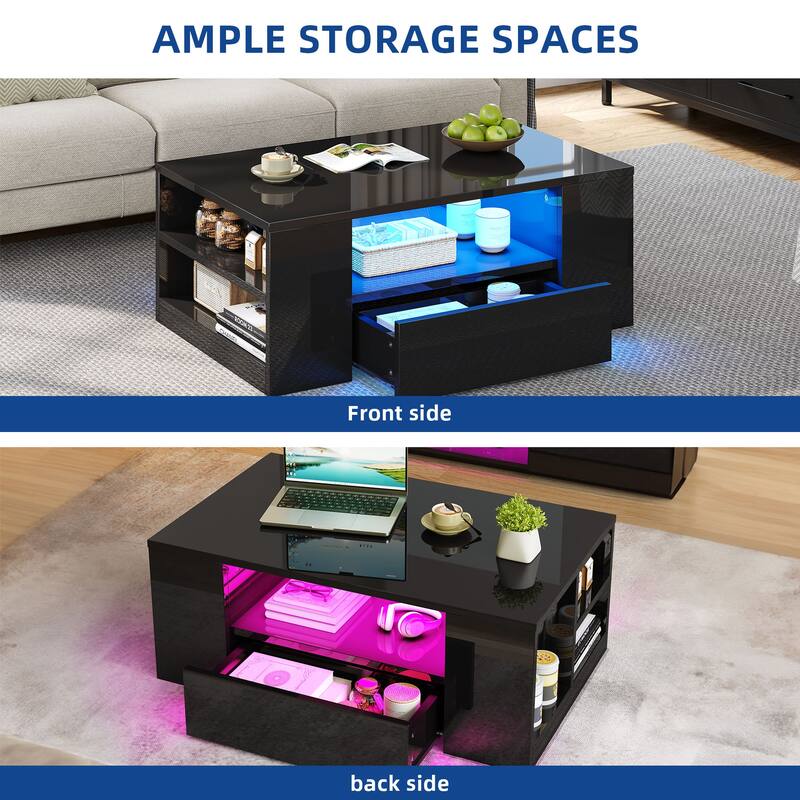 Moasis Modern High Gloss LED Coffee Table with 2 Drawers, Cocktail Center Table w/Shelves