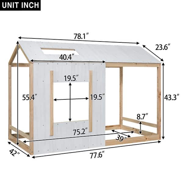 dimension image slide 0 of 2, Twin Size House Platform Bed with Roof and Window, Sturdy Pine Wood Frame, Decorative and Fun Design, White+Antique Grey