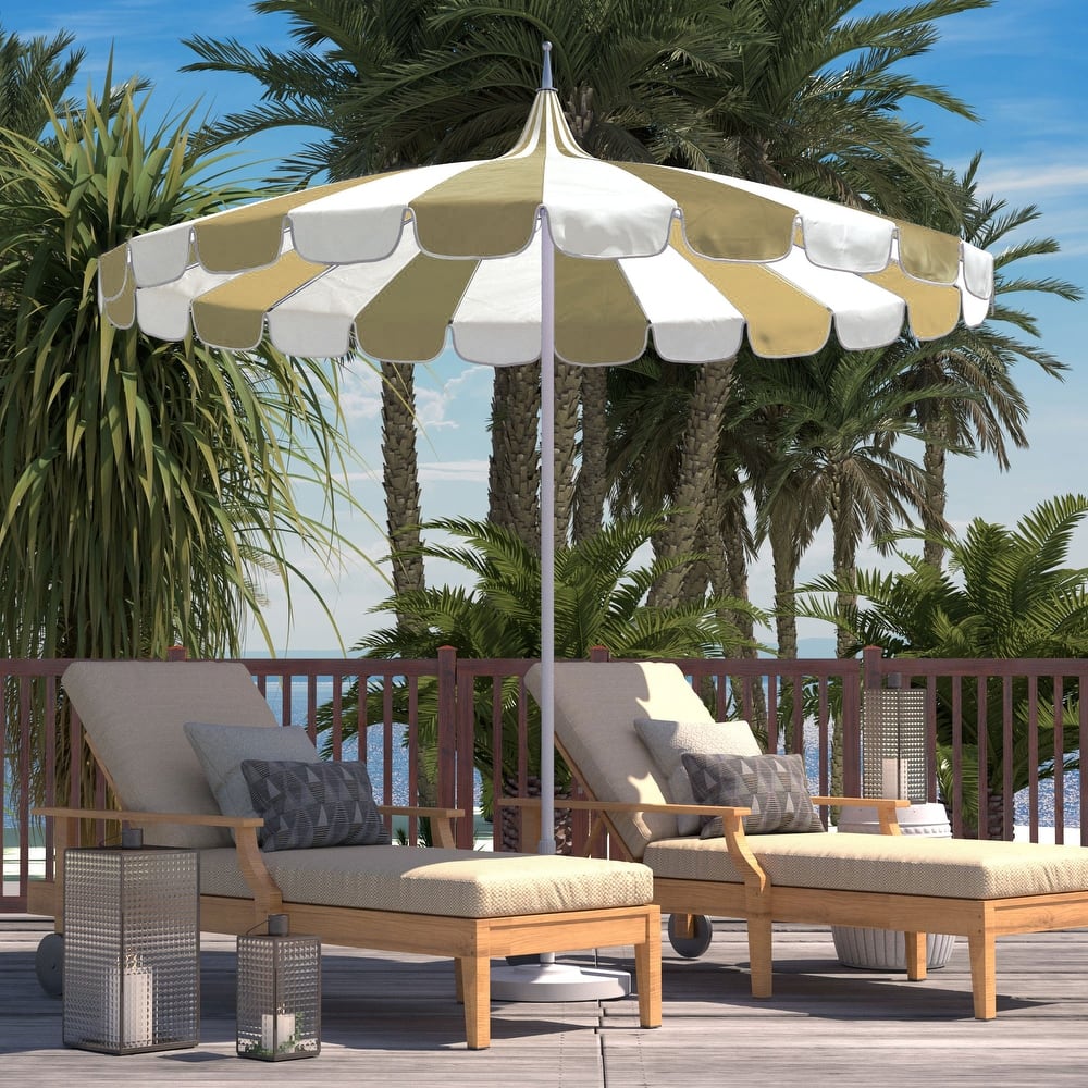 California Umbrella 8.5' Pagoda Series Patio Umbrella White Aluminum Pole Push Lift Sunbrella Natural and Pacific Blue