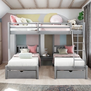 Full Over Twin & Twin Wood Bunk Bed with Drawers, Grey