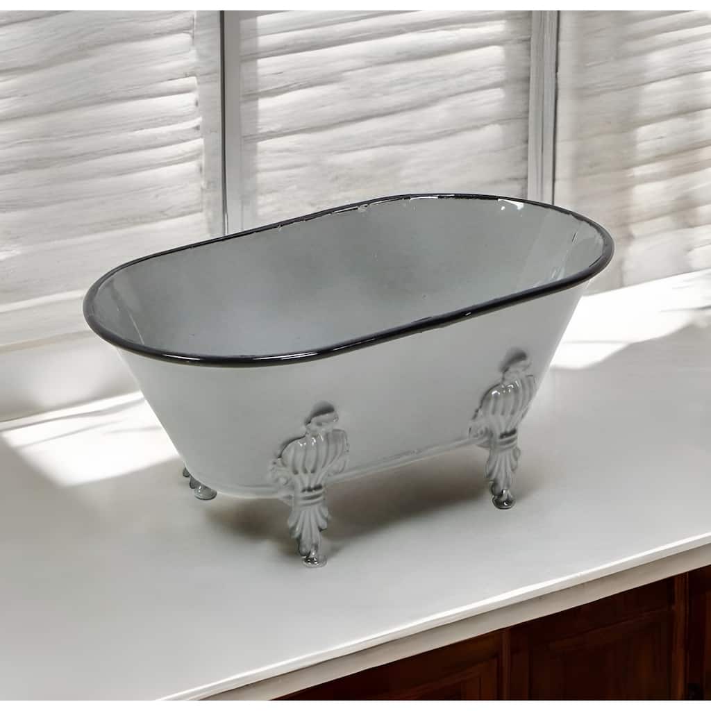 HomeRoots 5" Gray Metal Hand Painted Decorative Tub Tabletop Sculpture - 10' X '4.5' X '5.5