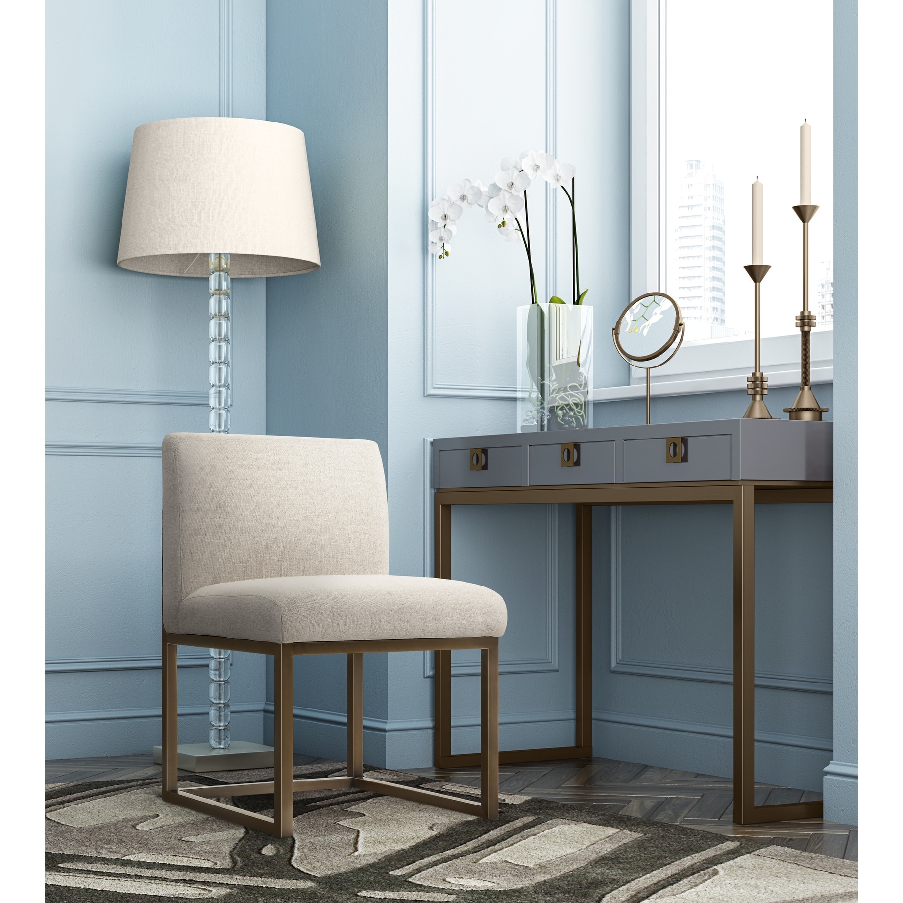 Haute Beige Linen Dining Chair with Antique Brass Base