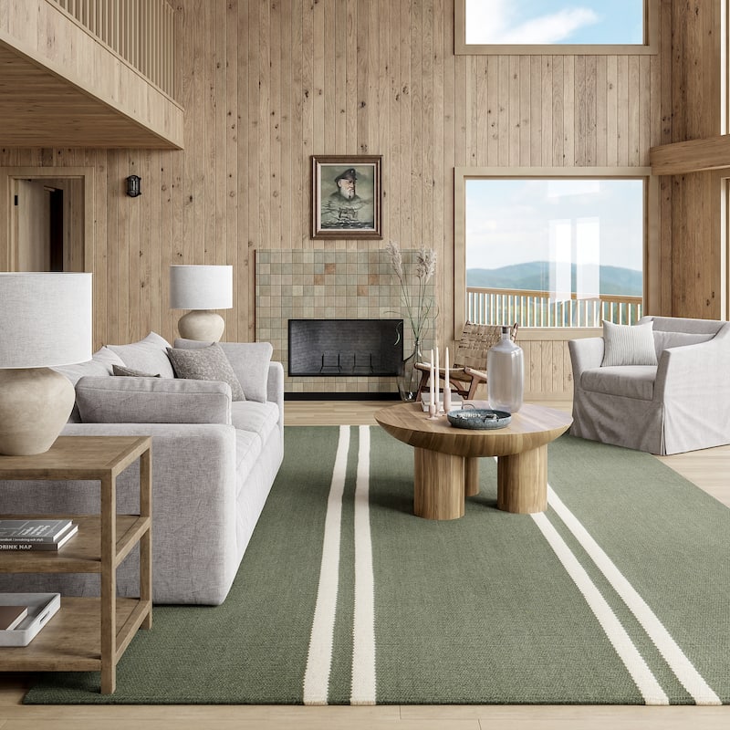 Elowen Double Striped Wool Area Rug - 8'6" x 11'6" - Sage Green