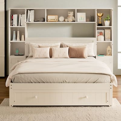 Full/Queen Size Pine Wood Platform Bed with Storage Drawers, Nightstands, Bookcase, Charging Stations, No Box Spring