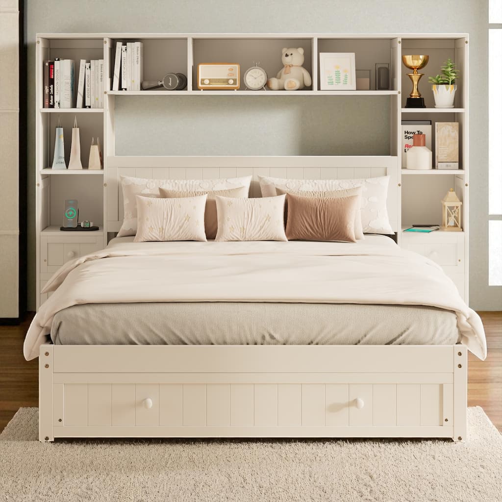 Full/Queen Size Pine Wood Platform Bed with Storage Drawers, Nightstands, Bookcase, Charging Stations, No Box Spring