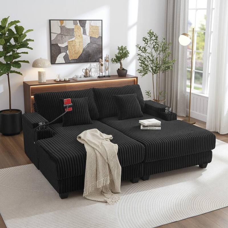 Modern Corduroy Chaise Lounge Sofa by Harper&Bright Designs. - Black.