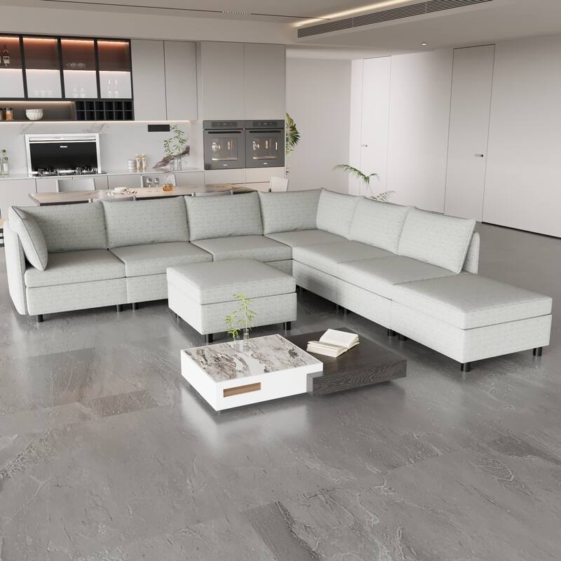 129'' Convertible 8-Seat Modular Sectional Sofa with Storage Ottoman and Comfortable Sleeper Options - Grey