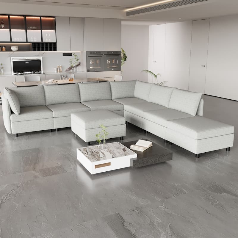 129'' Versatile 8 Seater Modular Sectional Sofa Set, Convertible Design with Storage Ottoman, Soft Fabric Upholstery