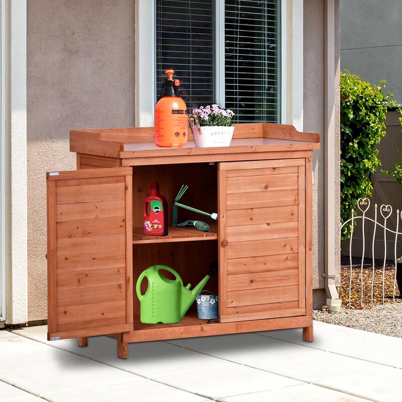 39" Potting Bench Table, Rustic Wood Workstation Storage Cabinet Garden Shed with 2-Tier Shelves and Side Hook