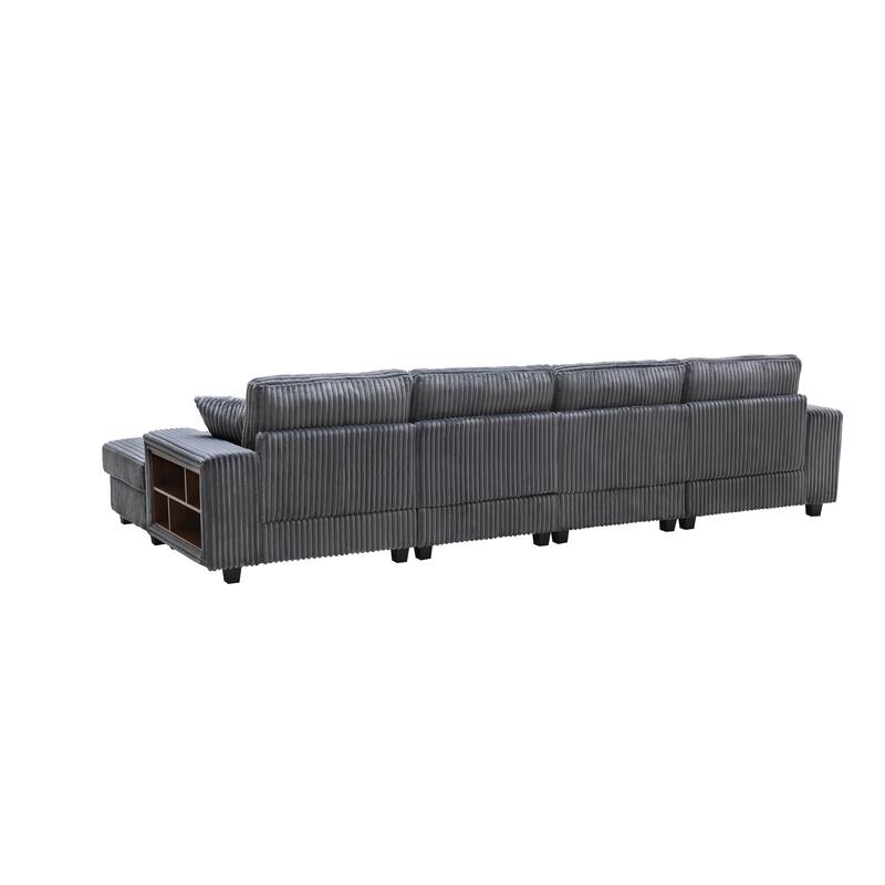 Modular Sectional Sofa with Dual Chaise Lounges, Corduroy Cloud Sofa with Armrest Storage Rack, Convertible 4-Seat Sleeper Sofa