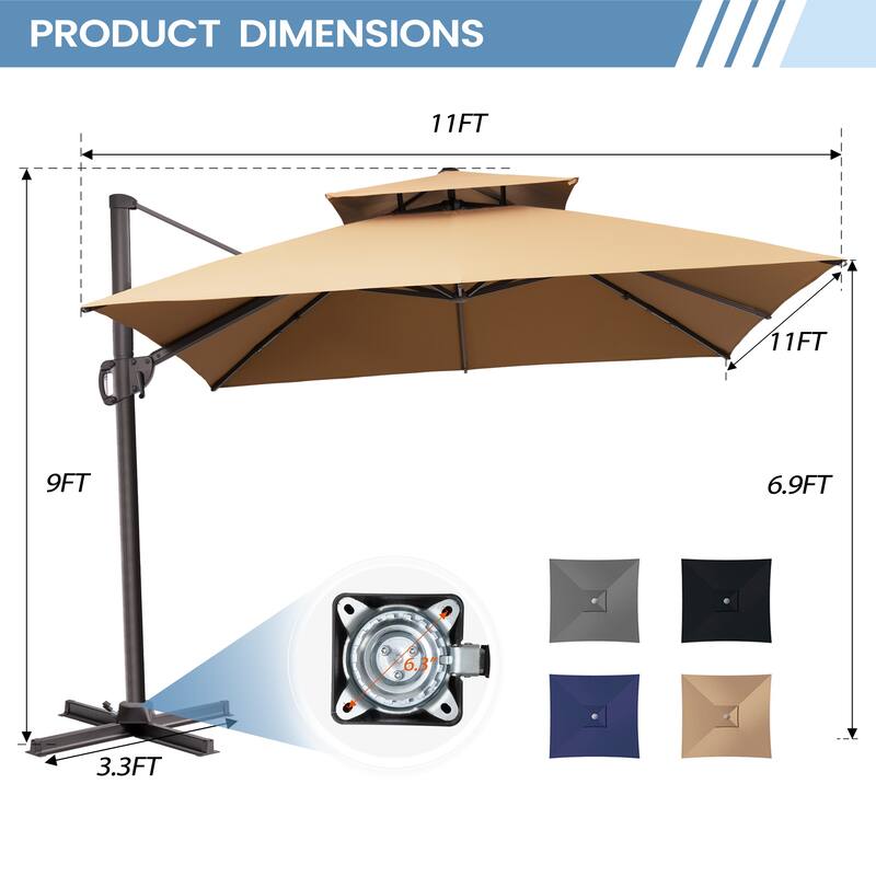11 FT Outdoor Square Patio Offset Cantilever Umbrella with Base