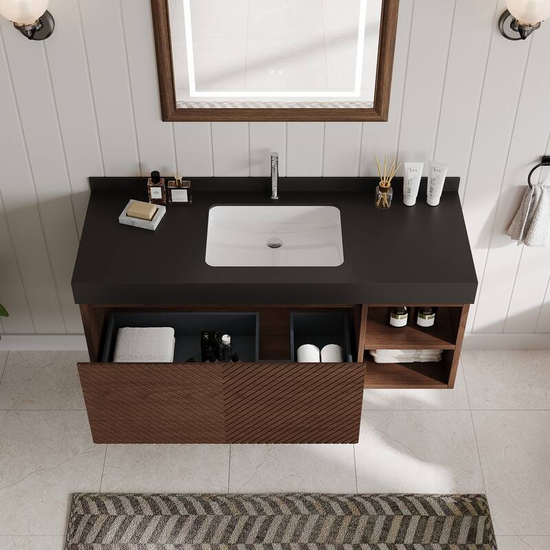48" Modern Floating Single Bathroom Vanities with Sink, Brown or Natural wood, 2 Drawers