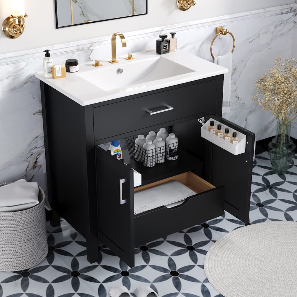 Bathroom Vanity with Ceramic Sink, 2 Doors & 1 Hidden Drawer