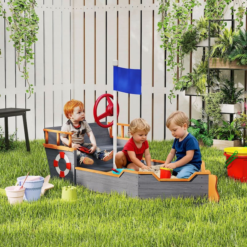Outsunny Large Outdoor Kids Sandbox Backyard Toy, Cedar Wood Sandbox - 62.25"x 30.75"x 18" - Gray