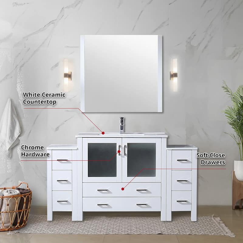 60 in. Navy Blue Double Vanity with White Ceramic Top, Two Side Cabinets, 22 in. Mirrors, Soft Close, Ample Storage