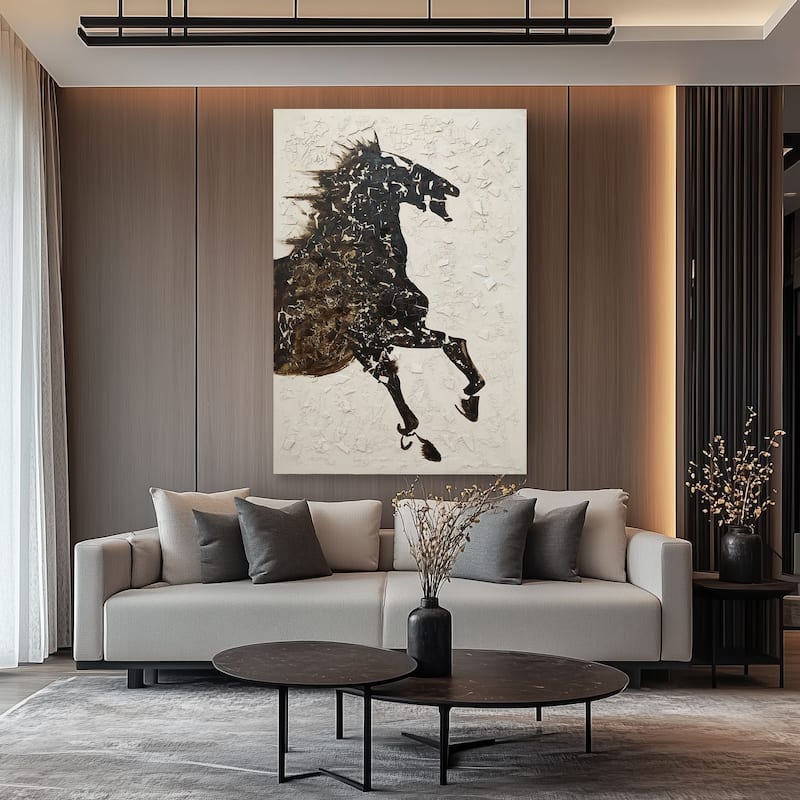 Hand Painted Galloping Horse Neutral Tones Textured Canvas Wall Art