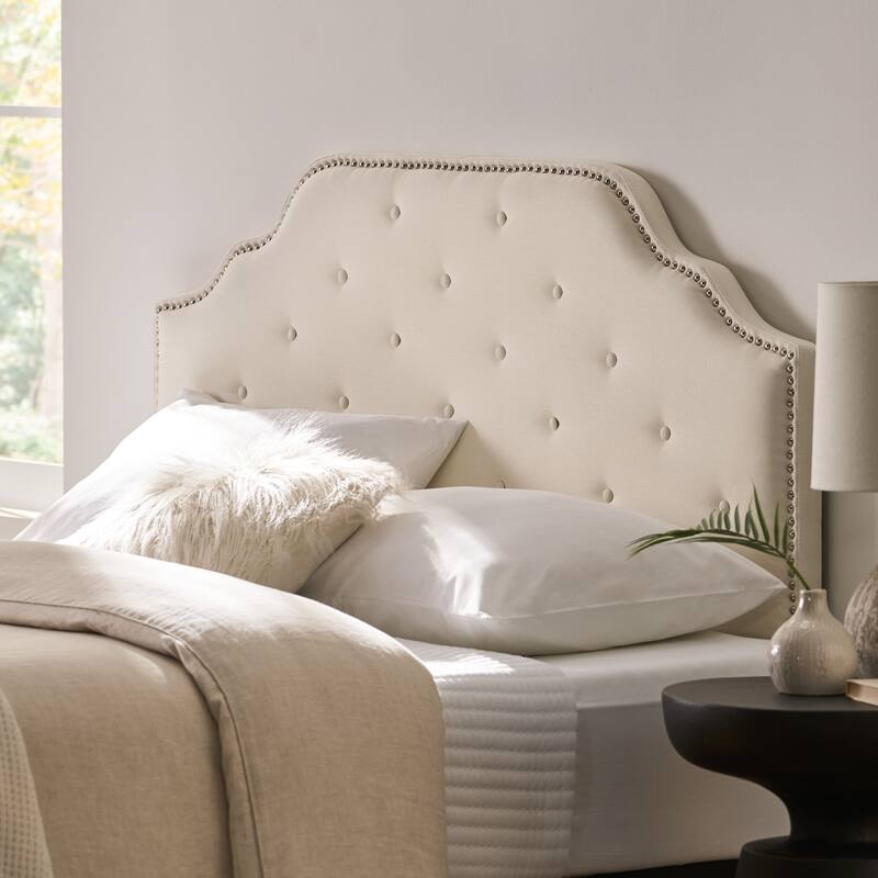 Queen Size Tufted Upholstered Headboard with Metal Legs and Nailhead Trim