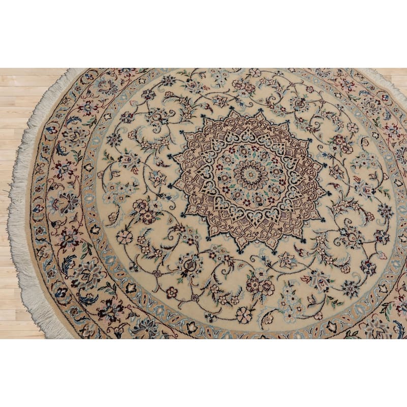 5x5 Round Hand Knotted Wool Ivory Nain Round Traditional 250 KPSI Rug - 5' x 5' -Round