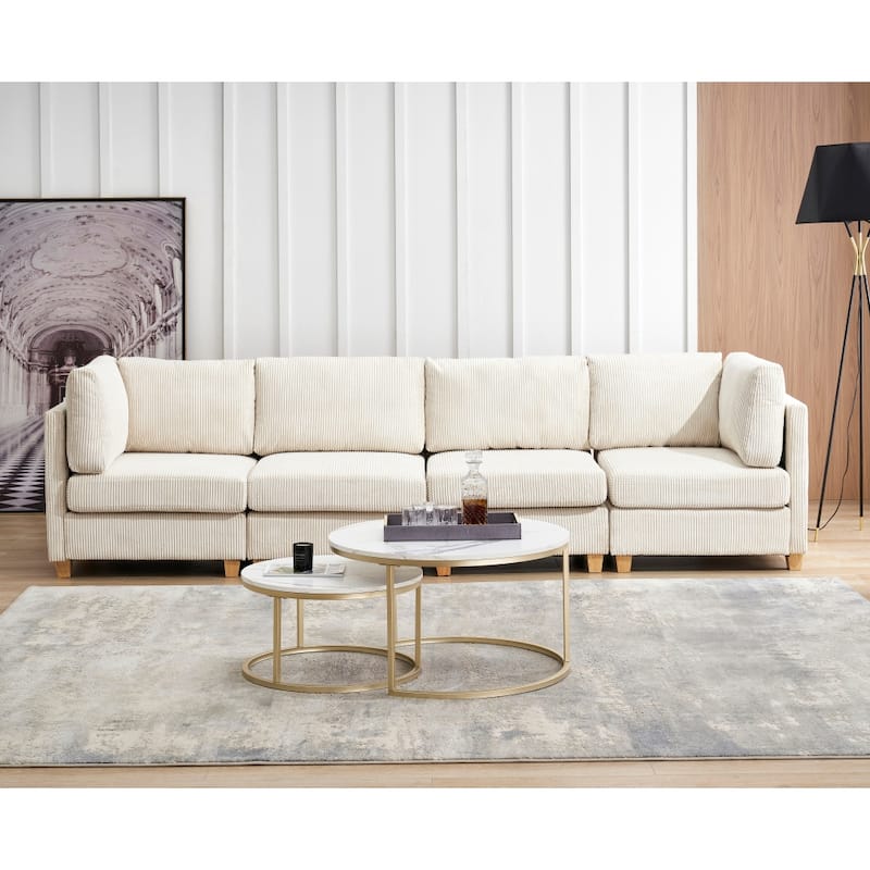Modern L Shape Combination Sofa Corduroy Fabric Comfortable - Beige