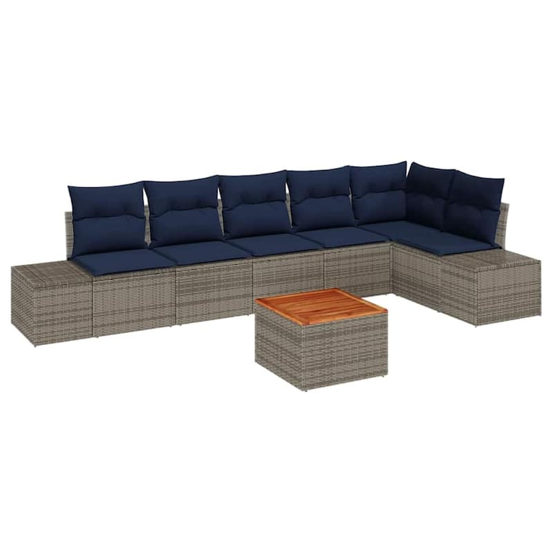 vidaXL 7 Garden Sofa Set with Cushions Black/Grey Poly Rattan - 125.6 x 60.6 x 27.2