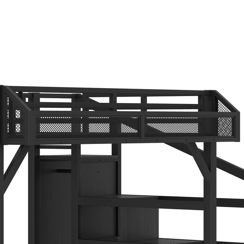 Queen/Full Metal Loft Bed with Storage Stairs, Wardrobe, USB Ports & LED Lights