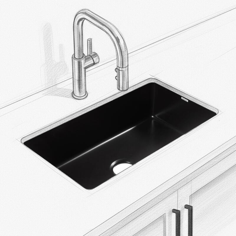 Eden Matte Black Fireclay 31" Single Bowl Undermount Kitchen Sink and Drain