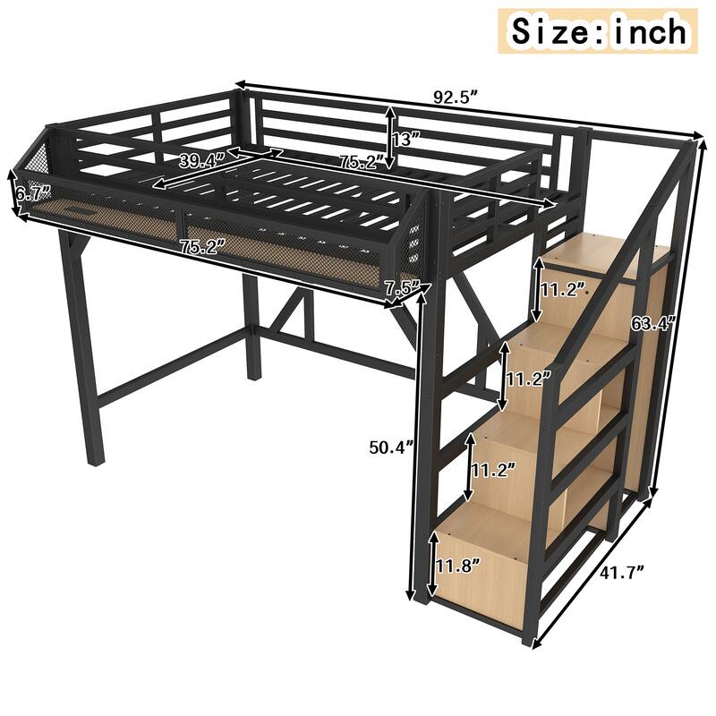 Roomfitters Metal Loft Bed with Wardrobe and Storage Stairs, LED Lights and USB