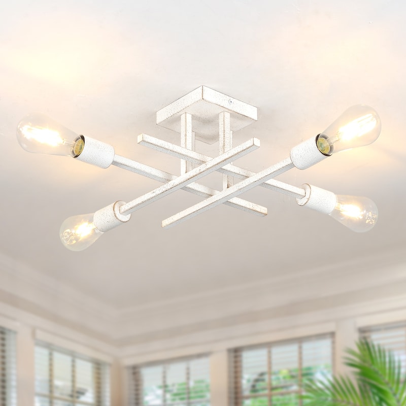 4-Light Modern Semi-Flush Mount Light for Kitchen Bedroom Living Room - Distressed White