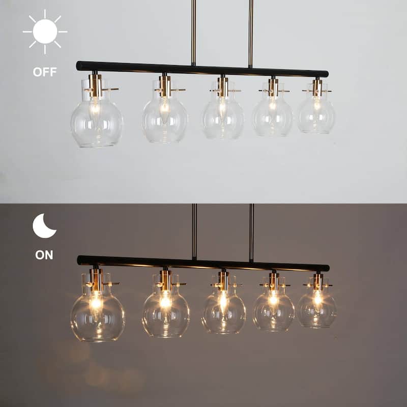 Modern Farmhouse Black Gold 5-Light 38" Glass Linear Chandelier Island Lights for Dining Room - 38" L x 5" W x 8" H