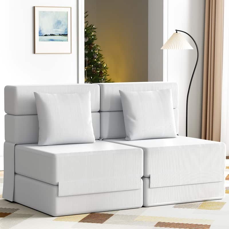 Corduroy Compression Convertible Folding Sectional Sofas (Set of 2) - Beige Corduroy