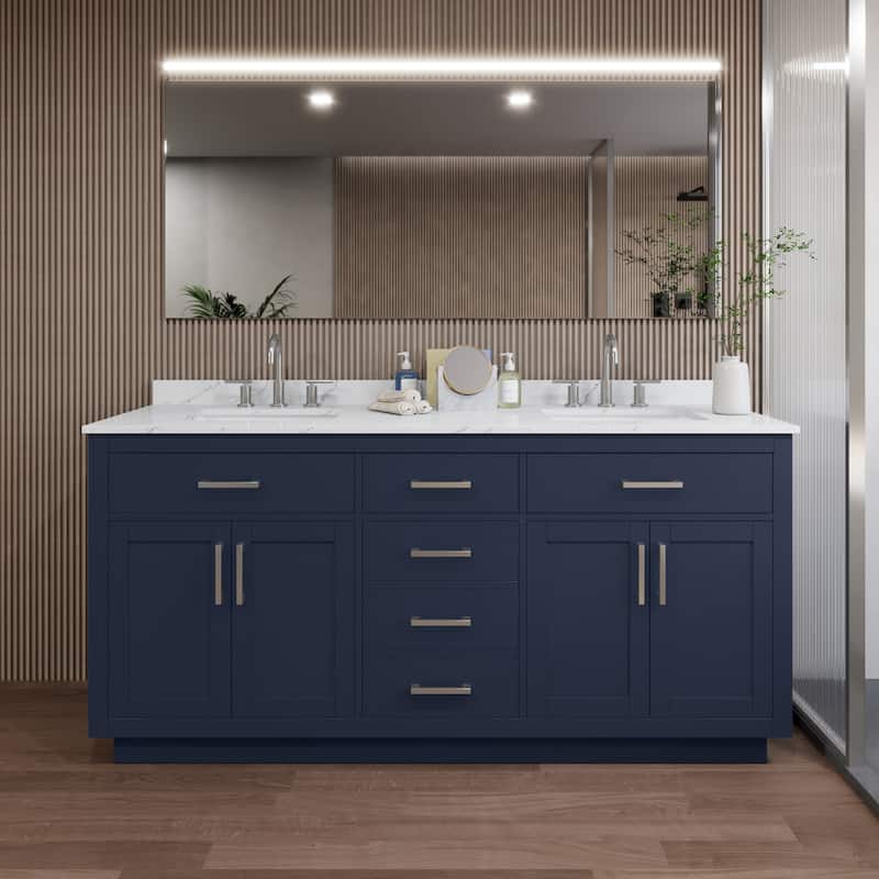 Wyndham Collection WCG262672D-QTZ-US3MXX Beckett TK 72" Free Standing - Dark Blue / Giotto Quartz Top / Brushed Nickel