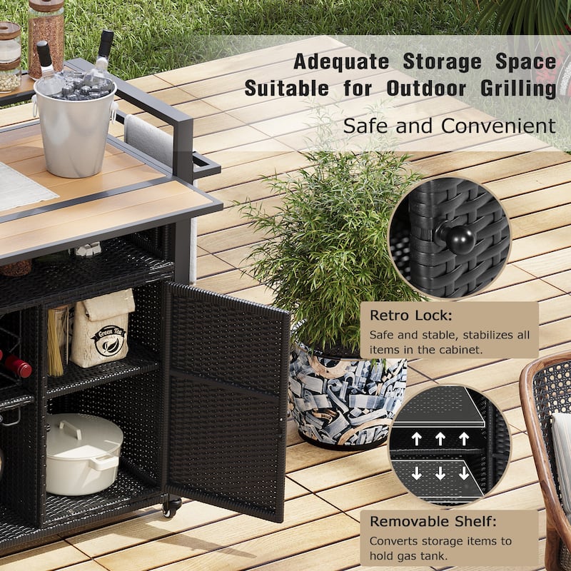 52.8"W Wicker Outdoor Grill cart with Extended Plastic Wood Table Top, Rolling Kitchen Island on Wheels with Storage Cabinet