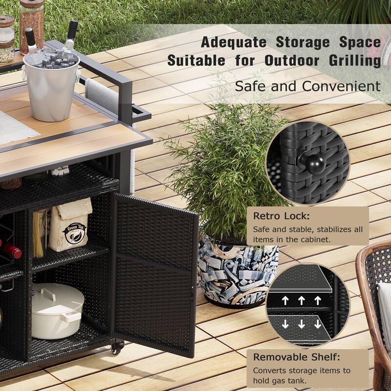 Grill Cart Rolling Kitchen Island Cart Wicker Storage Cabinet Prep Table