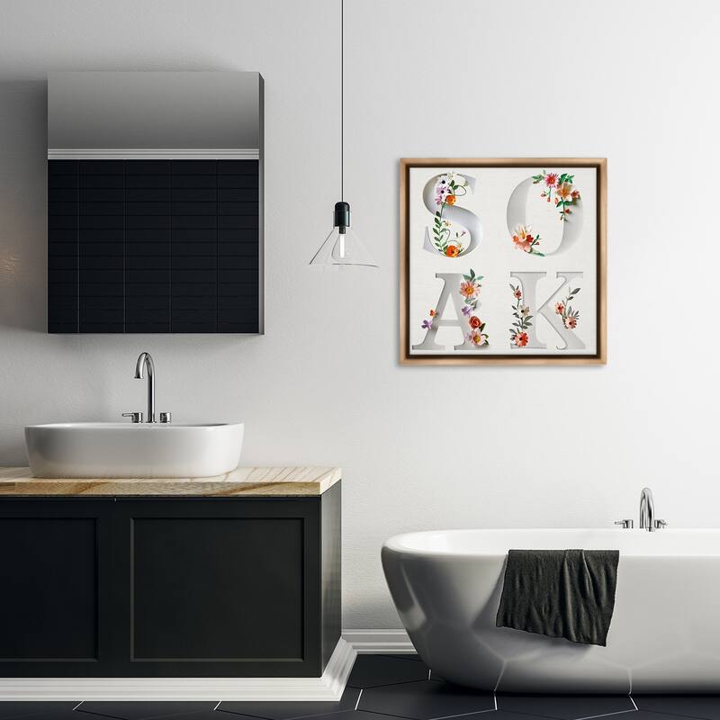 Stupell Floral Bathroom Soak Letters Framed Floater Canvas Wall Art Design By Susan Arnot