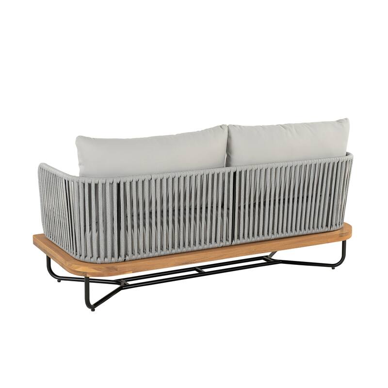 Roomfitters Outdoor Acacia Wood Rope Woven Loveseat with Coffee Table, Durable Frame and Cozy Cushions