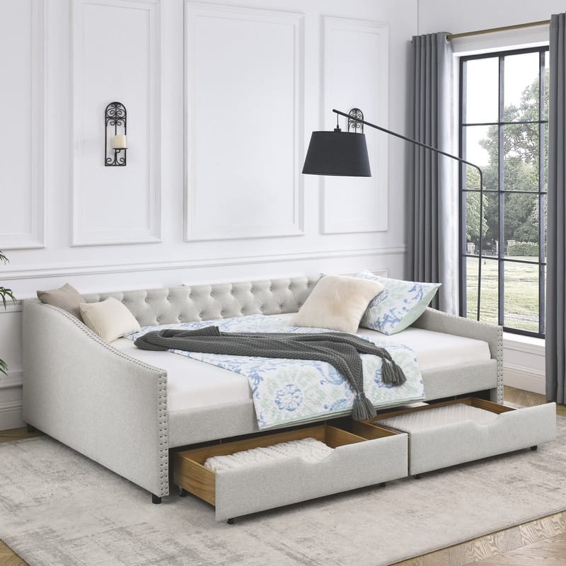 Queen Size Upholstered Tufted Daybed Sofa Bed with Two Drawers - Beige