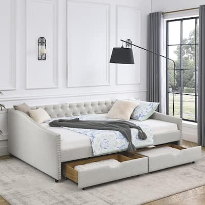 Queen Size Upholstered Tufted Daybed Sofa Bed with Two Drawers