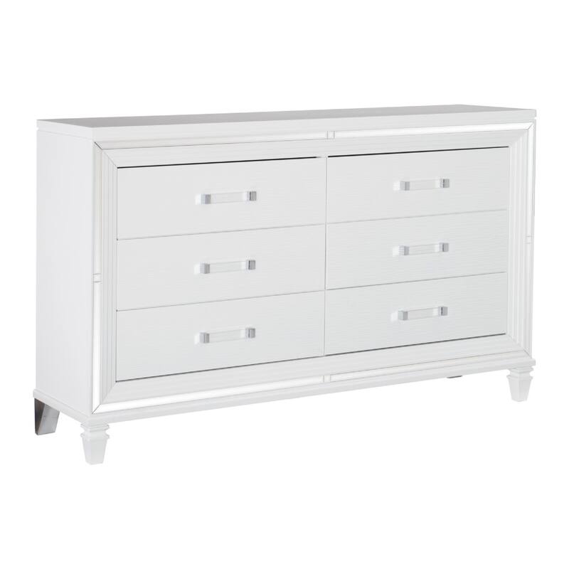 Textured Front 6 Drawer Dresser with Beveled Mirror Trim, White