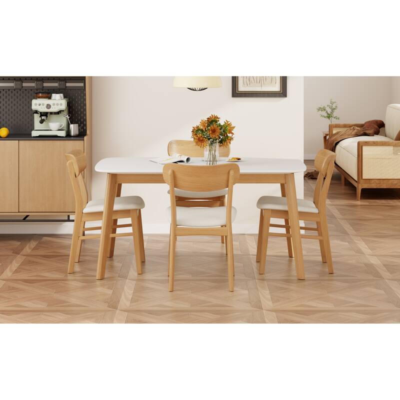 Roomfitters 5-Piece Mid-Century Dining Set, 59" White Oak Table with 4 Upholstered Solid Wood Chairs