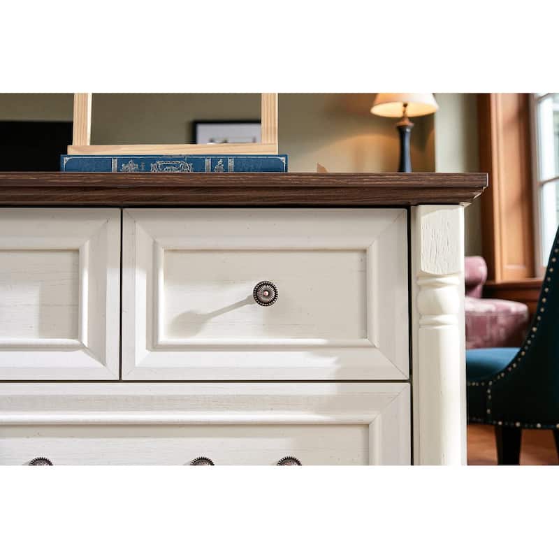 Farmhouse Rustic 5-Drawer Dresser Wooden Chest Storage Organizer with Base for Bedroom Living Room Durable Cabinet