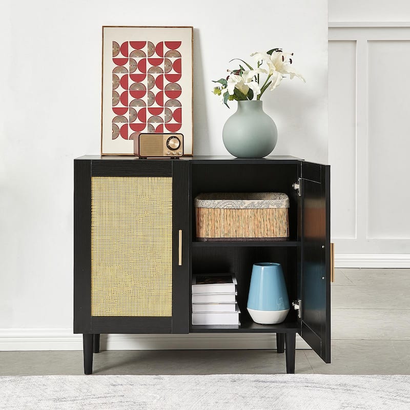 Anmytek Modern Black Rattan Buffet Cabinet Sideboard Kitchen Storage Credenza with Gold Handles