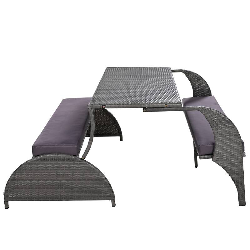 All Weather Outdoor Rattan Loveseat Sofa with Removable Cushions, Convertible to 4 Seats and Table