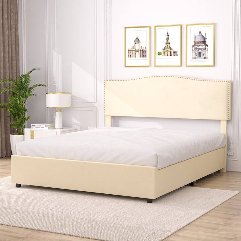 VECELO Upholstered Bed Frame with 4 Storage Drawers Full Queen Heavy Duty Platform with Adjustable Linen Headboard
