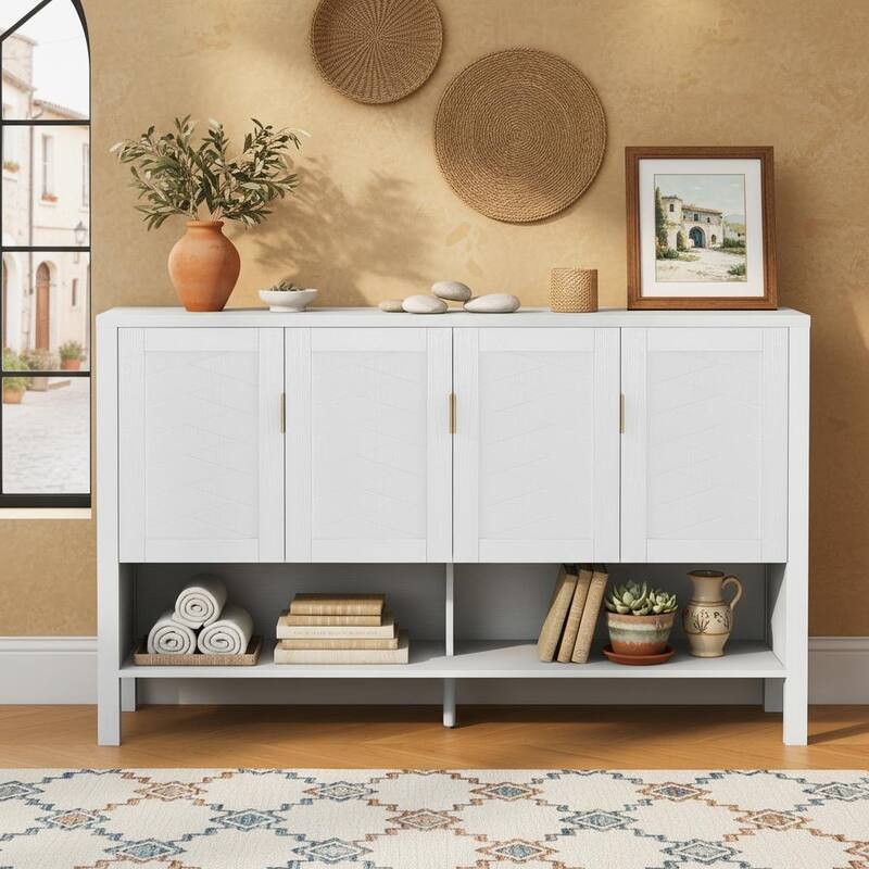 4-Door Geometric Storage Sideboard with Dual Hooks, Adjustable Shelves & Open Base Shelf by Harper&Bright Designs - White