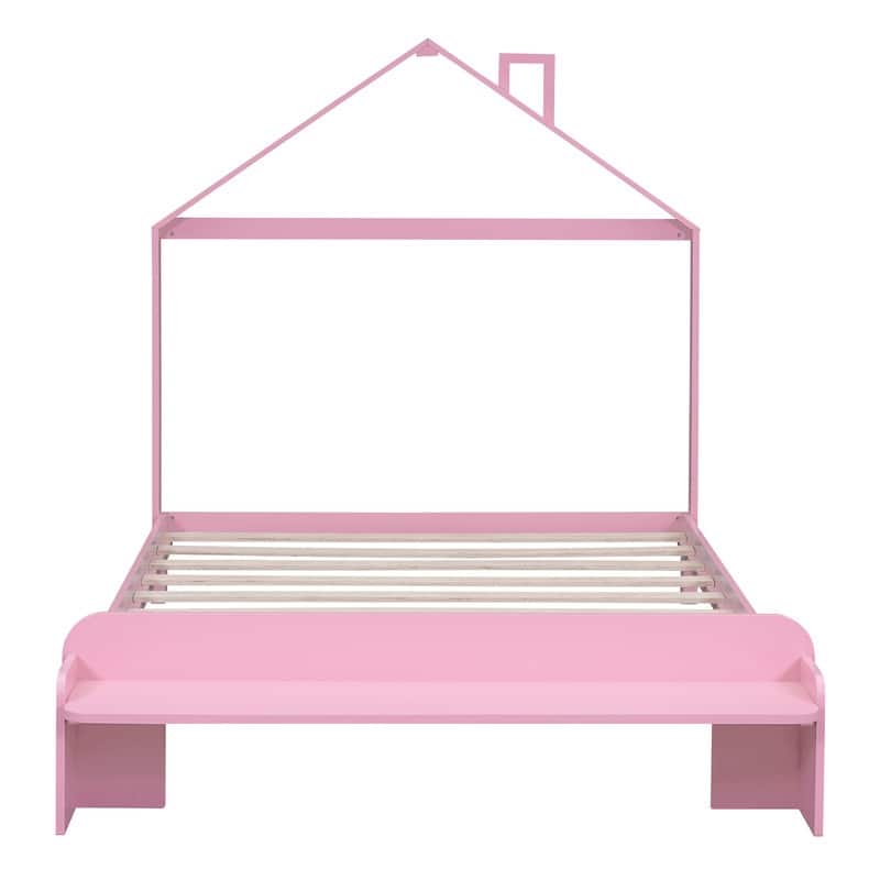 Full Size Wood Platform Bed with House-shaped Headboard and Footboard Bench