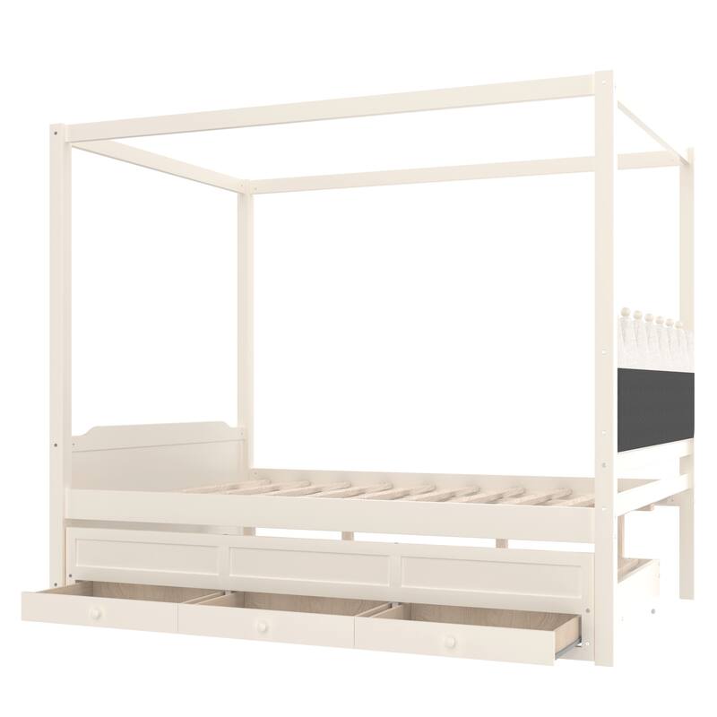 Roomfitters Canopy Bed with Trundle and Drawers, Upholstered Crown Headboard, Solid Wood Frame