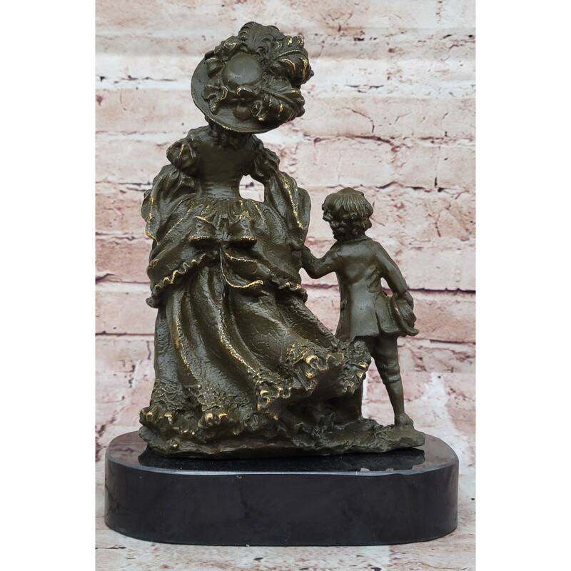 Bronze Victorian Lady And Boy Sculpture On Marble Base