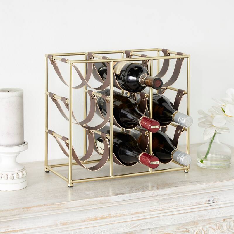 Gold Metal Wine Rack with Faux Leather Holding Straps - Gold - 14"W, 13"H