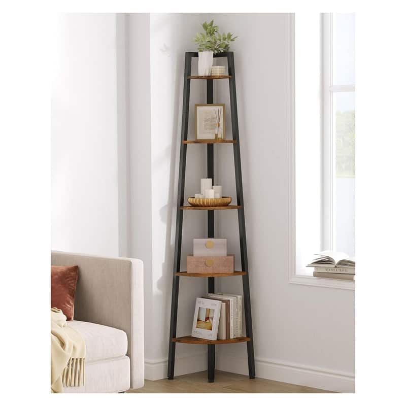 5-Tier Corner Bookshelf, Rustic Ladder Shelf